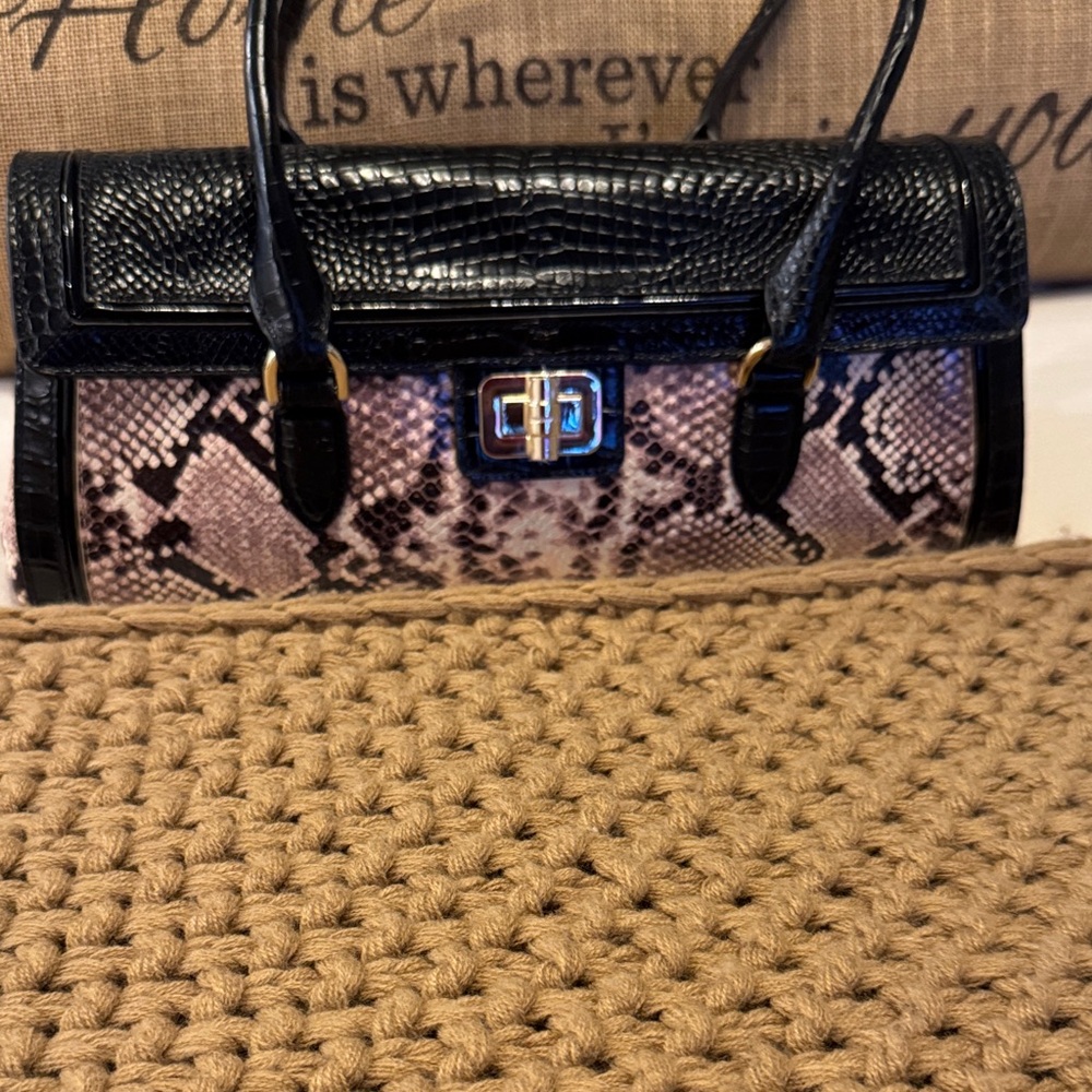 Brahmin Black and Tan Snakeskin Satchel